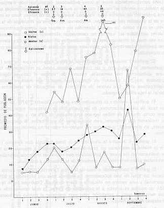 Grfico 1. Dinmica poblacional de candelilla en la finca Agrcola San Antonio en 1978, indicando aplicaciones de insecticidas y su eficiencia. S = sin trampa; C = con trampa; Cyg = Cygard; Azo = Azodrn; Leb = Lebeacid; Nub = Nubracn; Par = Parathion; Fol = Folidol; Etr = Etrofolan; Etr (g) = Etrofolan granulado; Lor = Lorsban; Lan = Lannate; Bas = Basudi; Mal = Malathion.