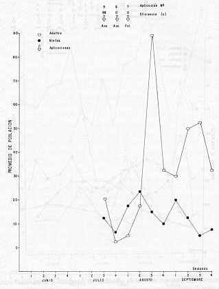 Grfico 3. Dinmica poblacional de candelilla en la finca Guanche en 1978, indicando aplicaciones de insecticidas y su eficiencia. Para las abreviaturas ver grfico 1.