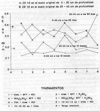 Figura 1. Comportamiento entre los niveles de conductividad elctrica 1:5 registrados en el suelo a dos profundidades, en el suelo original, a los 55 das despus de la siembra y de aplicados los fertilizantes y a los 13 meses, despus del corte de la caa de azcar.