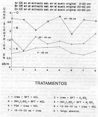 Figura 2. Valores de conductividad elctrica en el extracto saturado en dS/m, registrados en el suelo a tres profundidades, despus del corte de la caa clase planta, a los 13 meses, por tratamiento.