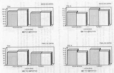 Figura 3.Comportamiento de la variedad V74-7 en dos localidades y dos pocas de cosecha.