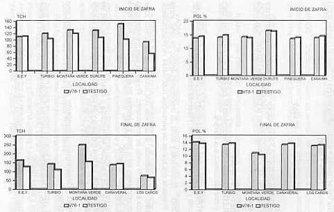 Figura 6. Comportamiento de la variedad V78-1 en diferentes localidades y dos pocas de cosecha.