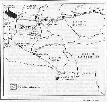 Fig. N 1. Ubicacin geogrfica de las 6 parcelas consideradas para el estudio sobre evaluacin de factores limitantes suelos y aguas en los sistemas de riego Taiguaiguay Edo. Aragua y la Lina Edo. Carabobo.