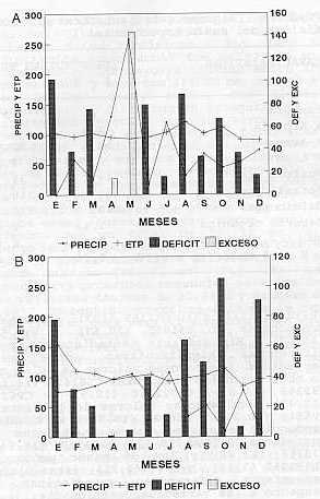 Fig. 1.Balance hdrico de la zona Agrcola Torondoy: A) 1992 B) 1993