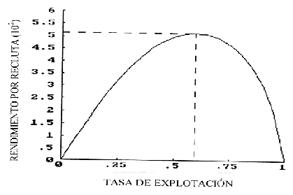 Figura 7. Modelo de rendimiento por recluta y tasa de explotacin de Lutjanus Synagris, en el Golfo de Paria, Venezuela. 1999.