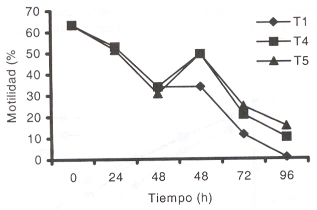 Figura 2. Porcentaje de espermatozoides mviles en semen equino almacenado a 5C lactato y cafena incorporados luego de 48 h en heladera.