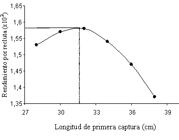 Figura 6. Rendimiento por recluta de Plagioscion squamosissimus y la longitud de primera captura en el Orinoco medio de Venezuela.  