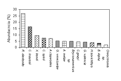 Figura 1. Abundancia relativa de las 13 especies ms frecuentes colectadas en cuerpos de agua naturales en la zona occidental de Venezuela