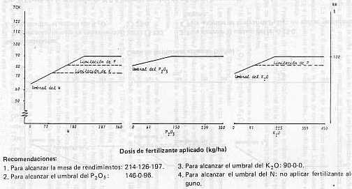 Fig. 6. Efecto de la aplicacin de N-P-K sobre el tonelaje de caa/ha y recomendaciones de fertilizantes en plantilla para el sector La Pastora (Hda. Los Caos), estado Lara.